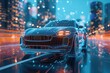 © Zidane - Riding wireframe car concept on the road and futuristic city on the background.