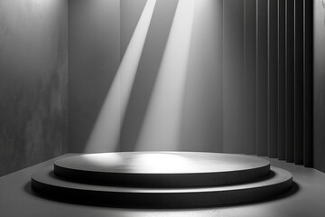 Aufkleber - An empty modern pedestal with dynamic lighting on a textured background, concept of display. Generative AI