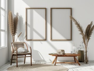 Wall Mural - This Scandinavian design interior illustrates two empty frame decorations on the wall serving as the ideal abstract, wallpaper, and background to be a best-seller