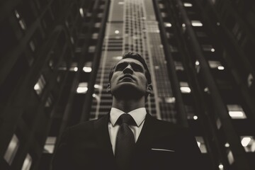 Wall Mural - Businessman in Suit Looking Up at Skyscraper