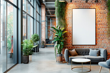 Poster - Modern office lounge with brick walls, empty poster, furniture and plants, light and spacious, concept of a waiting area. Generative AI