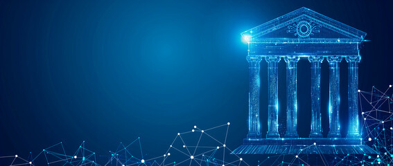 Wall Mural - Digital representation of classical architecture on a dark blue background, abstract, network connections, concept of digital transformation. Generative AI