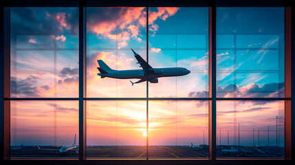 Wall Mural - A view from a window showing an airplane flying against a sunset sky, airport runway in the background, concept of travel. Generative AI