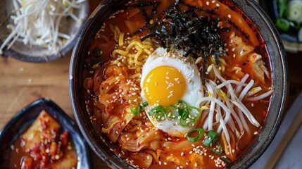 Poster - Spicy soup with egg served with kimchi flavored noodles