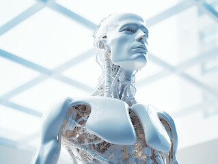 Aufkleber - A humanoid robot featuring intricate mechanical details, with a geometric patterned background, embodying the concept of advanced technology. Generative AI