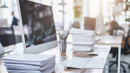 Wall Mural - Computer monitor displaying graphs on a desk with piles of paper, in an office environment, concept of business analytics. Generative AI