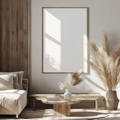 Wall Mural - Showcasing a modern living room interior with an empty frame against a wooden backdrop, this is a great abstract background or wallpaper as a best-seller