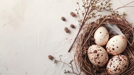 Canvas Print - Easter decorative idea nest adorned with eggs spring twigs and feathers with space for text