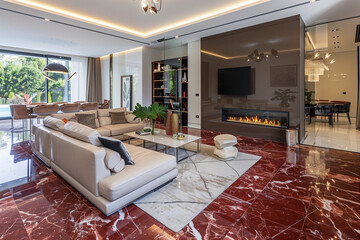 Wall Mural - Dramatic Sophistication: Rosso Levanto Marble Living Room - Fireplace Surround and Floor, Natural Lighting - Ideal for Bold Spaces