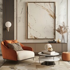 Canvas Print - A chic living room interior featuring a framed abstract art piece as a wallpaper, creating an elegant background, potentially a best-seller