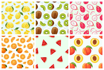A set of bright seamless patterns with fruits.
