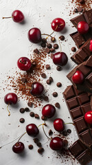 Wall Mural - Top view of cherries with chocolate on a white background, copy space