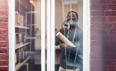 Aufkleber - Black man, architect and phone call in office, happy and paper roll for blueprint in negotiation with contractor. Person, smartphone and document by window in conversation, floor plan and decision