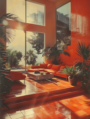 Poster - Interior of a retro red and green villa living room