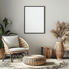 Canvas Print - A warm boho-chic corner with an empty frame as the wallpaper focal point, offering abstract and background potential for best-seller images