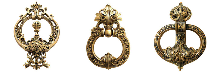 Wall Mural - Old fashioned door knocker made of gold with intricate design set against a white or transparent background