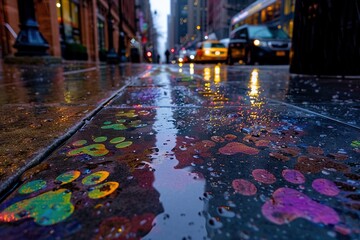 Poster - Rainbow-colored cat paw prints meandering through a bustling city street