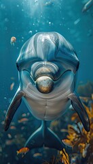 Wall Mural - Dolphin, cute swimming in the deep blue sea mobile smartphone wallpaper lockscreen background