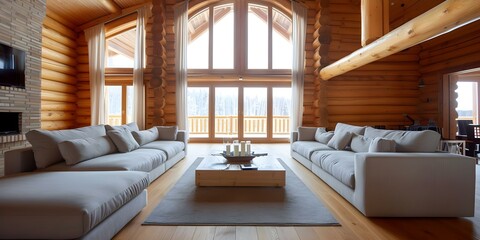 Wall Mural - Spacious living room with tall ceiling large window and rustic log cabin feel. Concept Rustic Decor, High Ceilings, Large Windows, Spacious Living Room, Log Cabin Vibes