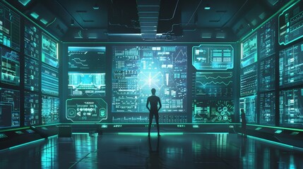 Wall Mural - Futuristic Control Room with Holographic Interface and Silhouetted Figure