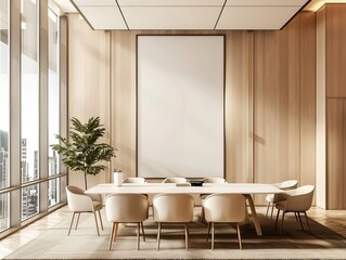 Wall Mural - A minimalist scene with a spacious office boardroom and a large blank frame, perfect as an abstract or textured background wallpaper best-seller