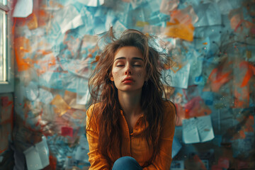 Wall Mural - Portrait of a sad lady on a messy paper background