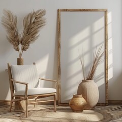 Wall Mural - This scene shows a cozy interior setup with a comfy chair, large mirror, and decorative vases, making it an ideal wallpaper or abstract background image