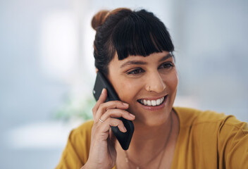 Aufkleber - Woman, phone call and listen with smile in office for contact, networking and communication at startup. Person, employee and happy with smartphone for chat, deal and excited for proposal at agency