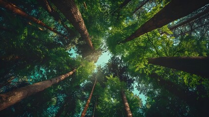 from below tall trees with green foliage growing in forest