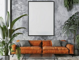 Wall Mural - Contemporary interior design featuring a stylish orange sofa, empty frame, and lush plants creating a best-seller scene and abstract potential