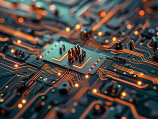 Wall Mural - A close-up of a circuit board showcasing resistors and microchips, an abstract representation of technology making a great background or wallpaper