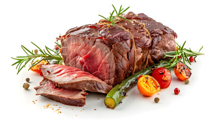 roasted beef steak with vegetables isolated on white background