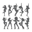 © Pro Creator - Silhouettes of three retro dancing woman, funk, soul and disco music - 60s, 70s style, Posing disco dancers isolated on white background. Hetero couple in party 1970s style clothing.