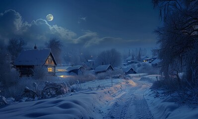 Moonlit Village in Winter Night