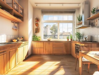 Wall Mural - This bright scene showcases a modern kitchen interior as a high-quality wallpaper or background for a best-seller home design illustration