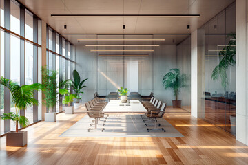 Poster - Modern conference room with a large table, chairs, and indoor plants, natural light, concrete and wood materials, office concept. Generative AI