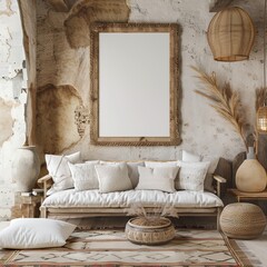 Wall Mural - A stylish boho interior scene features a blank picture frame which makes a perfect abstract background for designers and a best-seller as wallpaper or illustration