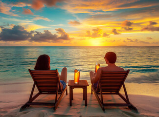 Poster - Two people relaxing on beach chairs at sunset, enjoying drinks, with a tranquil ocean background, reflecting the concept of leisure. Generative AI