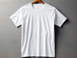 Poster - A blank white t-shirt on a wooden hanger against a textured grey wall background, ideal for branding mockups. Generative AI