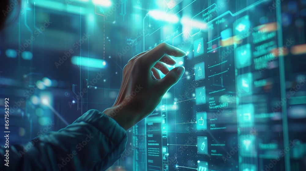 Productivity at Work Hand Checking Off Holographic Todo List in Modern ...