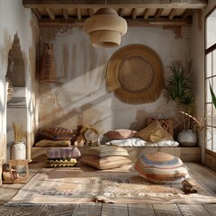 Wall Mural - A best-seller scene that features a bohemian interior with an emphasis on cozy textures, creating an inviting background and illustration