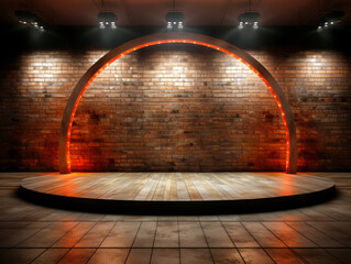 Poster - Empty round stage with neon arch lighting, wooden floor on brick wall background, concept of performance. Generative AI