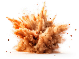 Poster - A dynamic explosion of dust and debris, white background, concept of impact or destruction. Generative AI