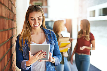 Aufkleber - Student, girl and online with tablet on university for e learning application, digital literacy and higher education. Female learner, happy and internet for academic registration and scholarship.