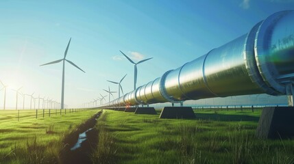 Renewable Energy Harmony Pipeline and Wind Turbines in Lush Landscape