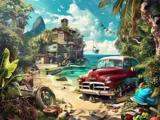 Poster - This detailed illustration of a tropical beach scene with a vintage car embodies a best-seller wallpaper background, combining nostalgia with abstract elements