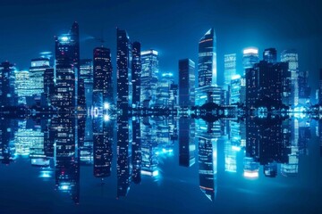 Sticker - Urban Nightscape: Glowing City Skyline with Reflections on Water