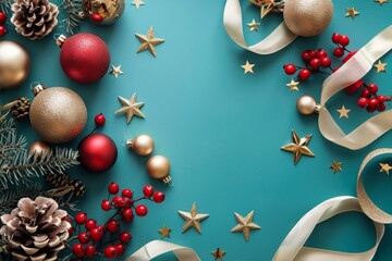 Wall Mural - Festive Christmas Decorations: Shiny Gold Stars, Red and Gold Ornaments, and White Ribbon on a Teal Background