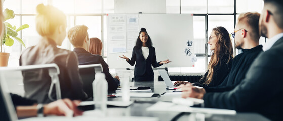 Wall Mural - A professional business meeting in a bright room with a woman presenting to colleagues seated at a table, highlighting teamwork and communication. Generative AI