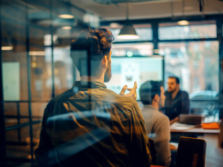 Aufkleber - Business meeting in progress, seen through glass with reflections, warm indoor lighting, concept of teamwork. Generative AI